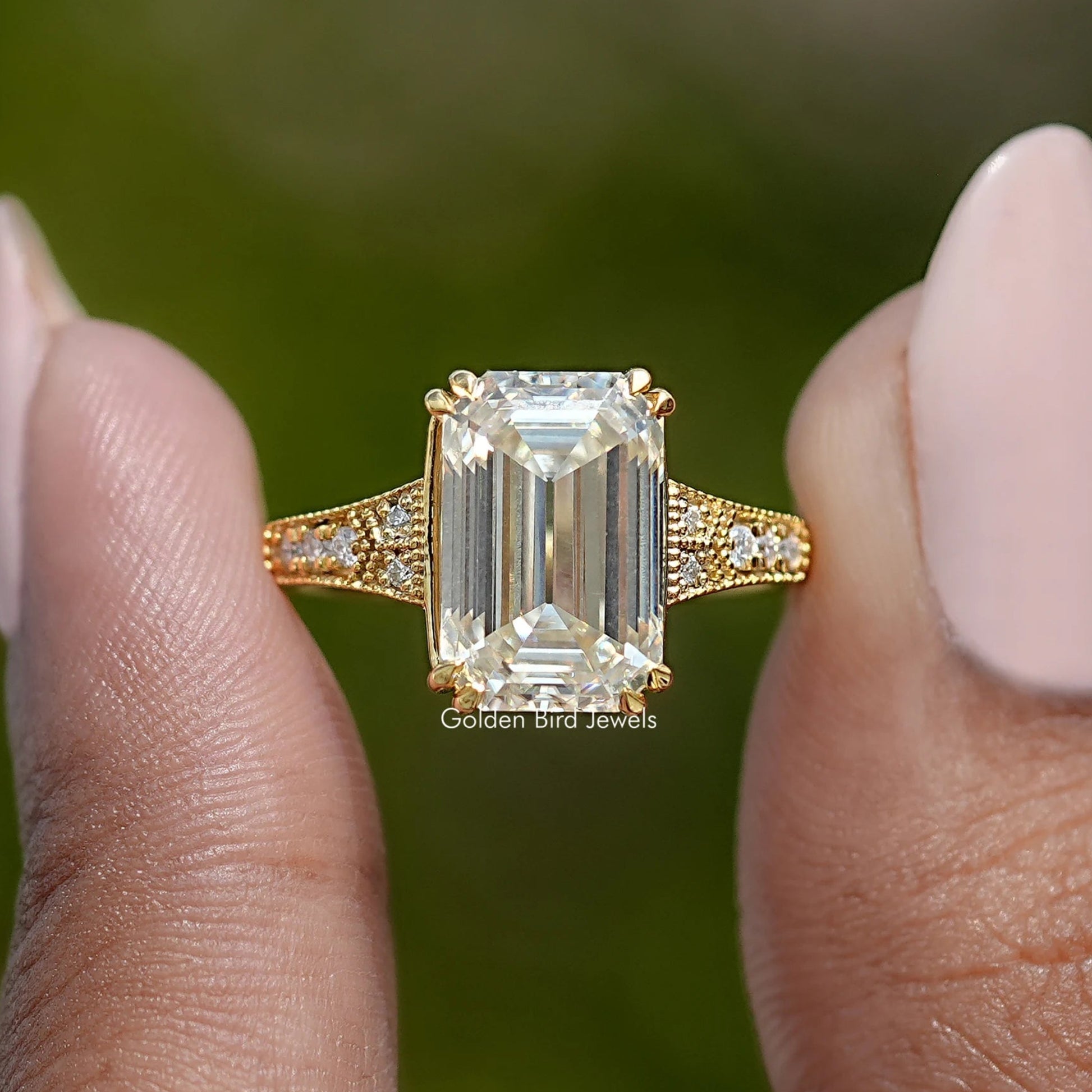 Front View of Old Mine Emerald Cut Moissanite Accent Stone Ring