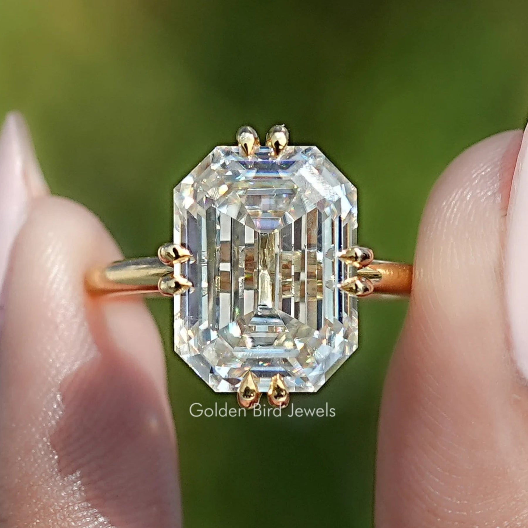 Old Mine Emerald Moissanite Solitaire Engagement Ring