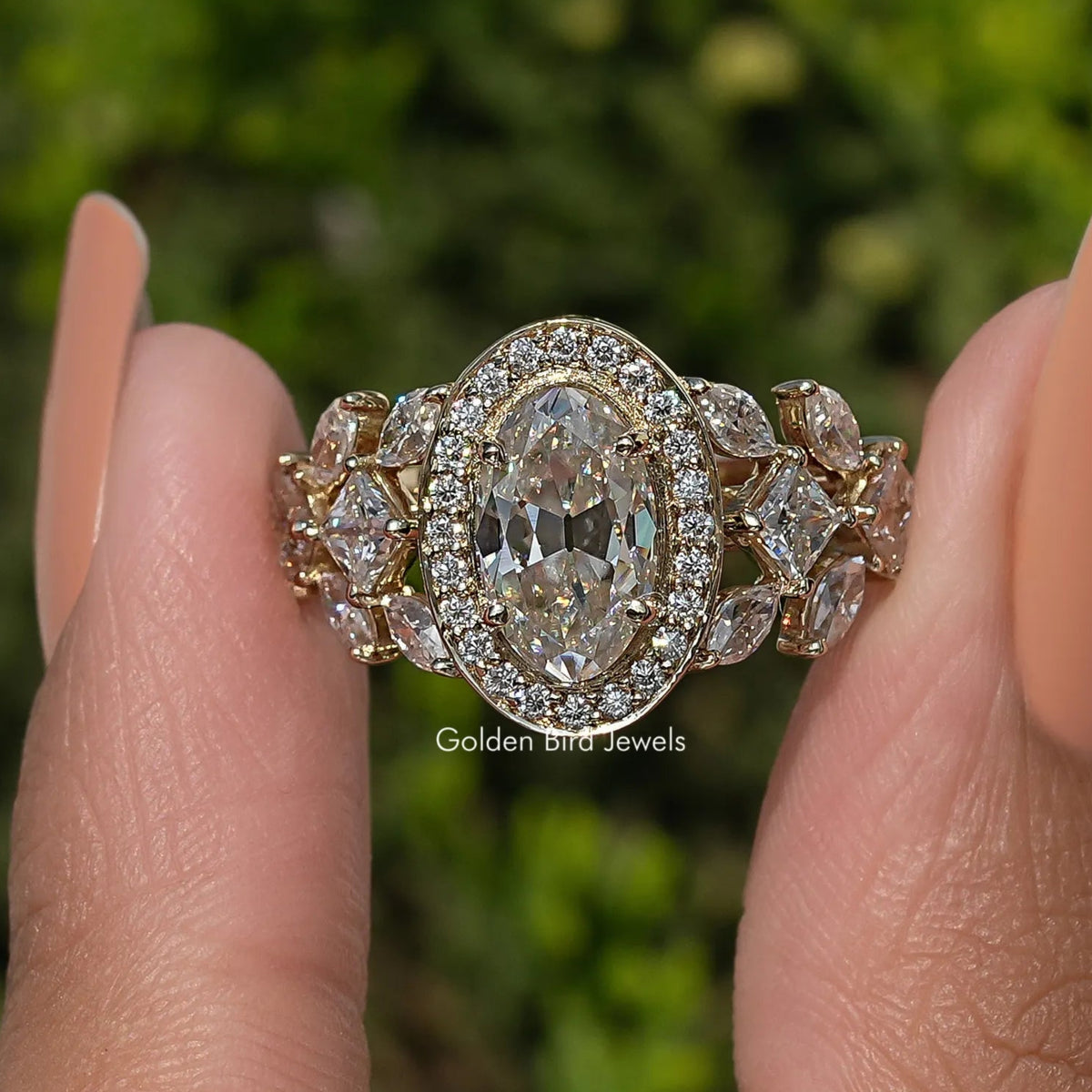 Old Mine Moval Cut Moissanite Halo Cluster Engagement Ring