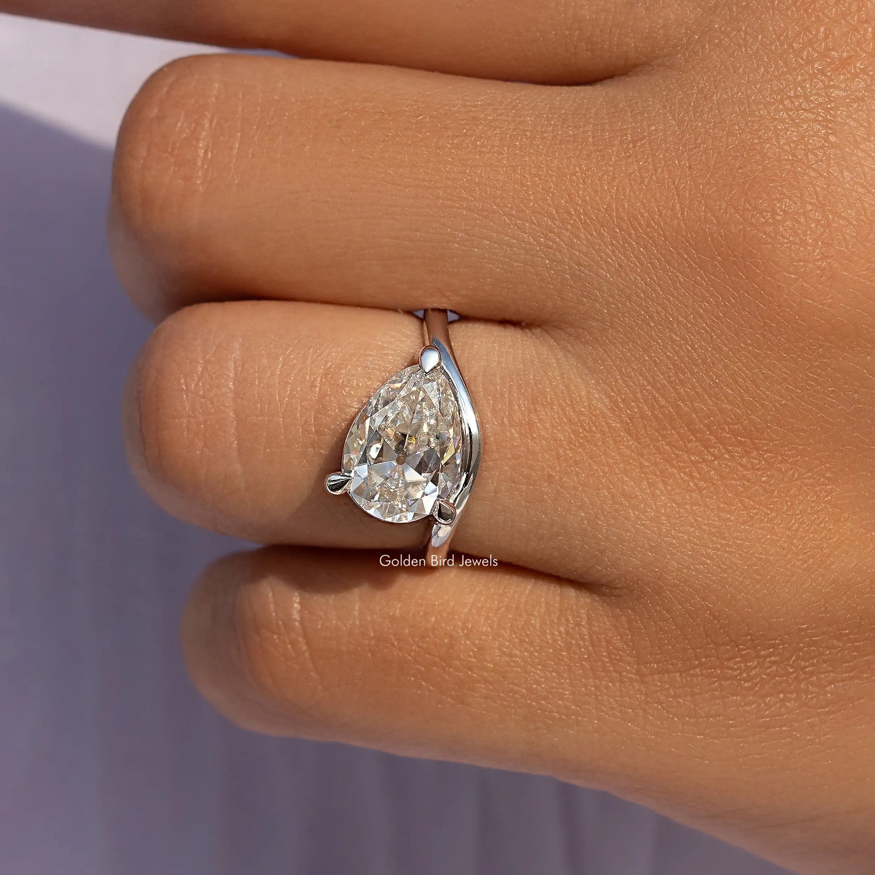 Old Mine Pear Curved Band Solitaire Engagement Ring