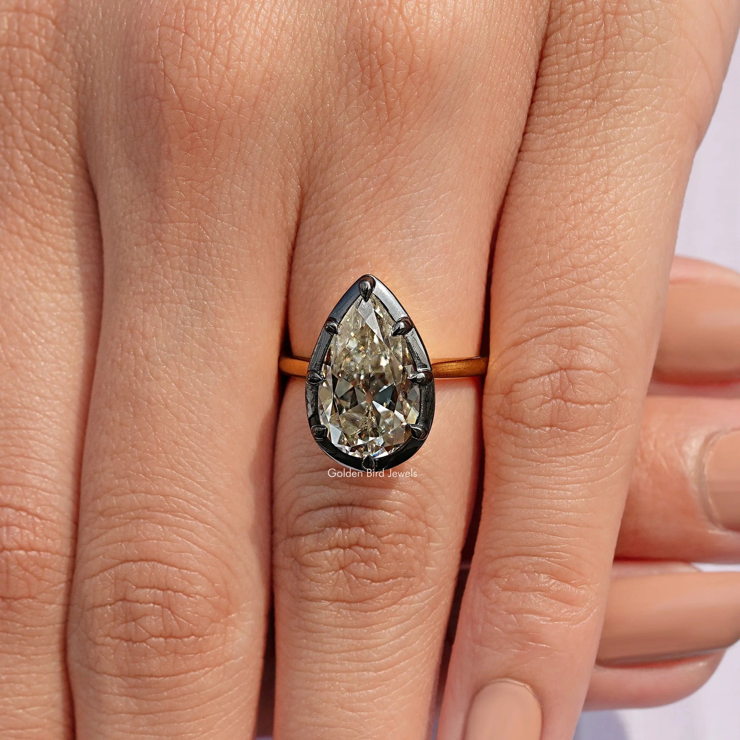 Old Mine Pear Cut Moissanite Bezel Set Engagement Ring