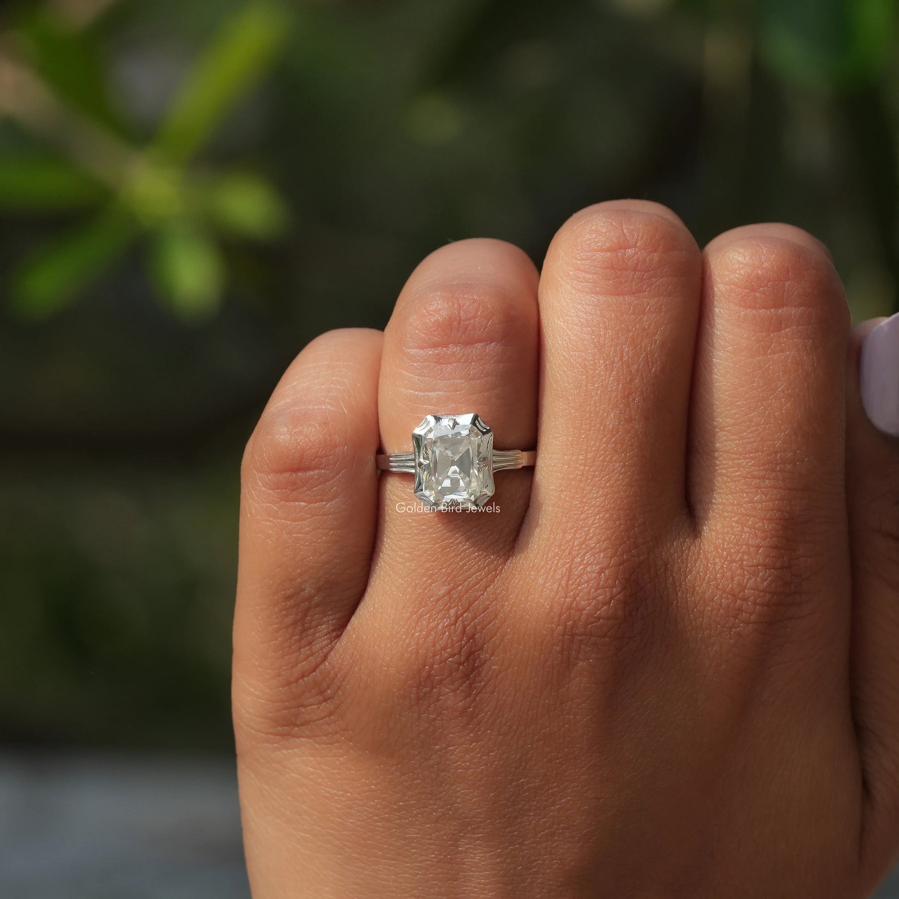 [Prong Setting Radiant Cut Moissanite Ring]-[Golden Bird Jewels]