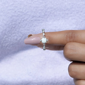 In finger front View of Opal Round Gemstone Accent Set Ring