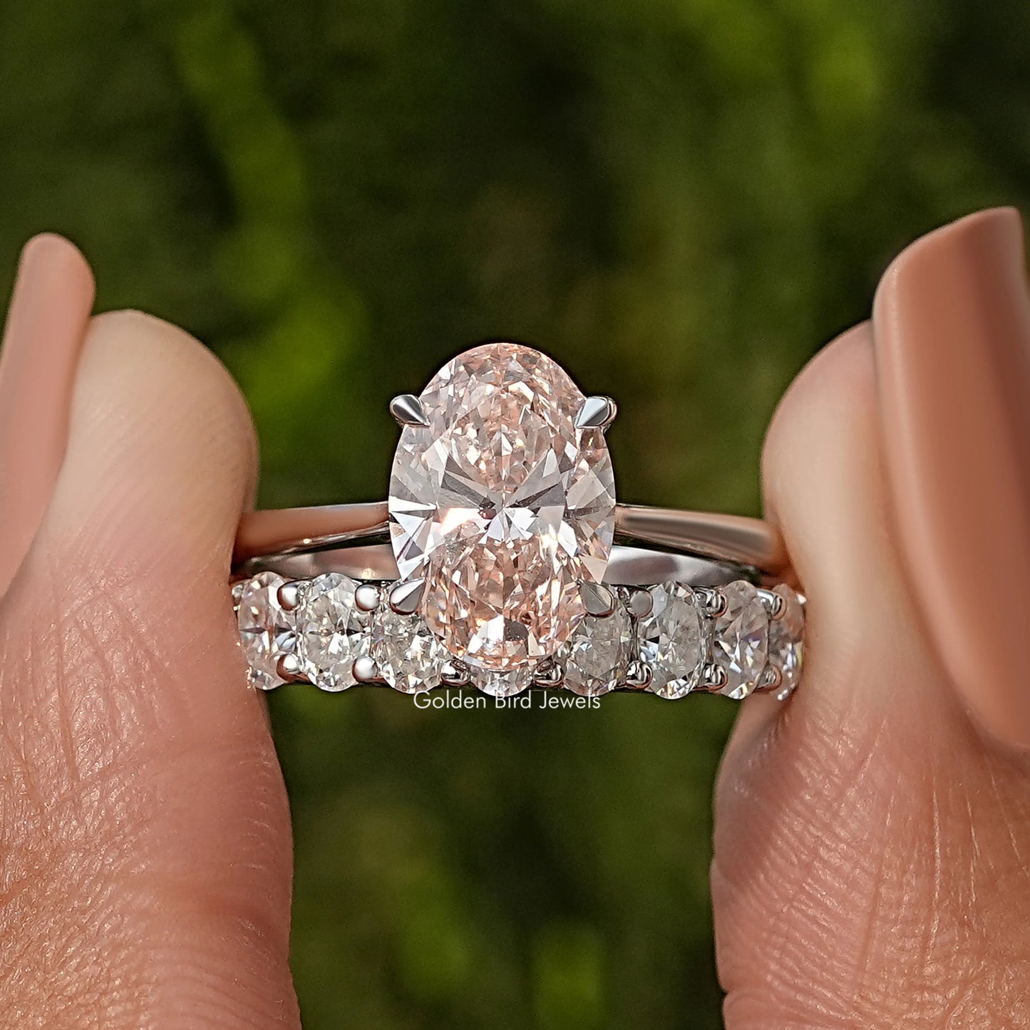 Pink Oval Cut Lab Grown Diamond Bridal Ring Set