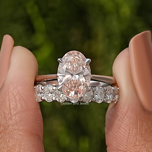 Pink Oval Cut Lab Grown Diamond Bridal Ring Set