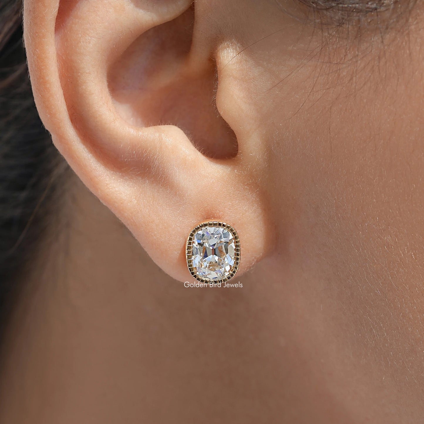 Old Mine Cushion Lab Diamond Milgrain Bezel Studs