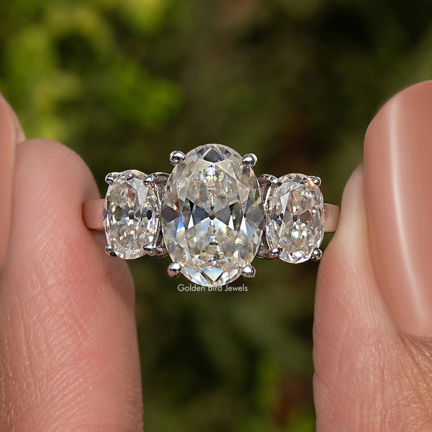 Old Mine Oval Three Stone Moissanite Engagement Ring