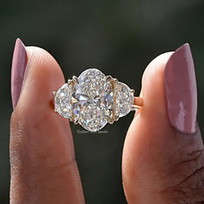 [Oval Cut Half Moon Diamond Engagement Ring]-[Golden Bird Jewels]