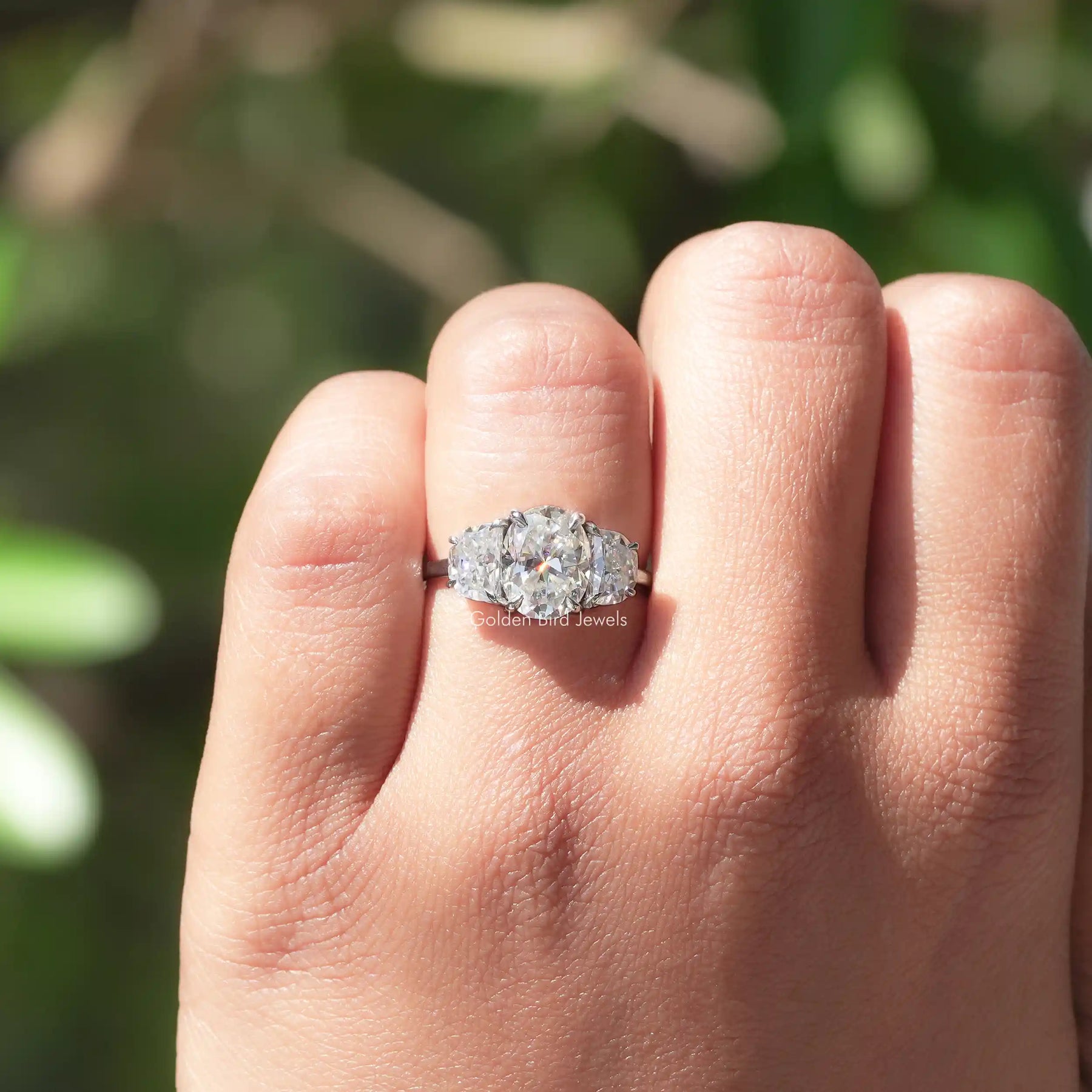 [White Gold Oval Cut Three Stone Ring]-[Golden Bird Jewels]