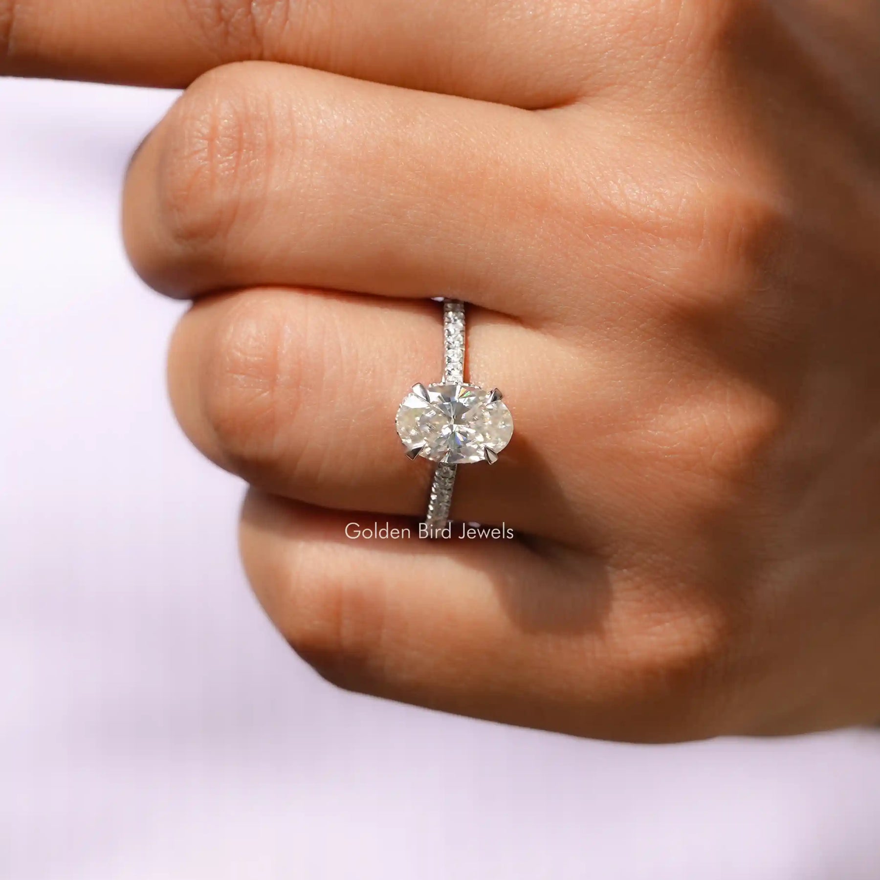 [White Gold Oval Cut Moissanite Accent Stone Ring]-[Golden Bird Jewels]