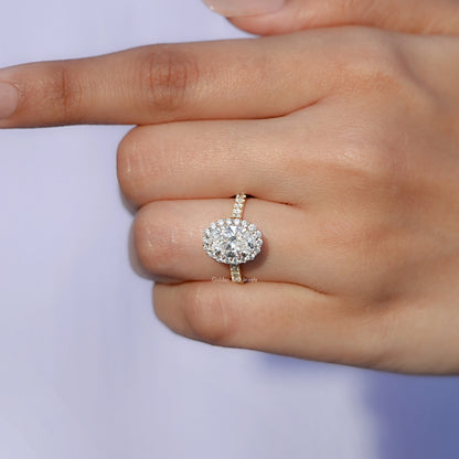 Detailed View of Oval Cut Lab Diamond Halo Accent Engagement Ring In Yellow Gold