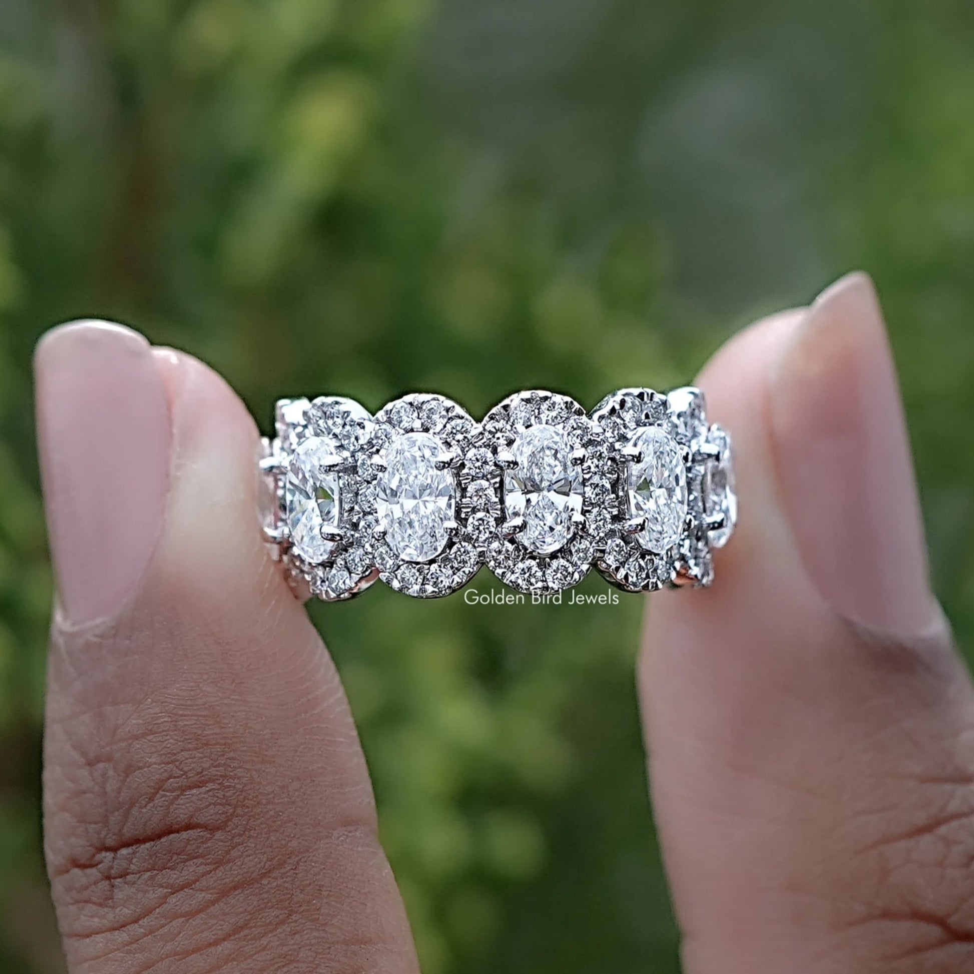 Oval Cut Lab Diamond Seven Stone Band In Two Fingers