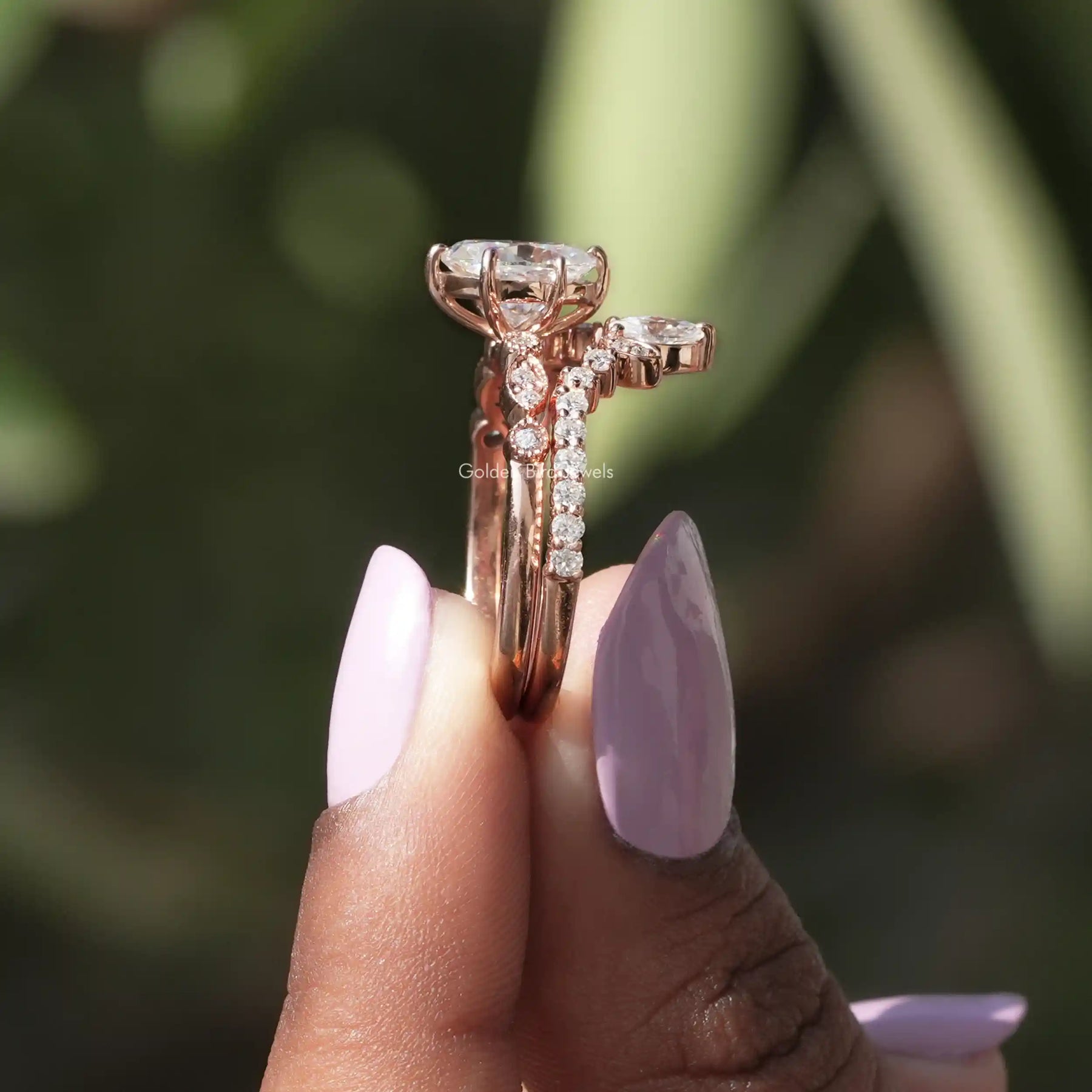 [Oval Cut Moissanite Ring With Marquise And Round Cut Side Stones]-[Golden Bird Jewels]