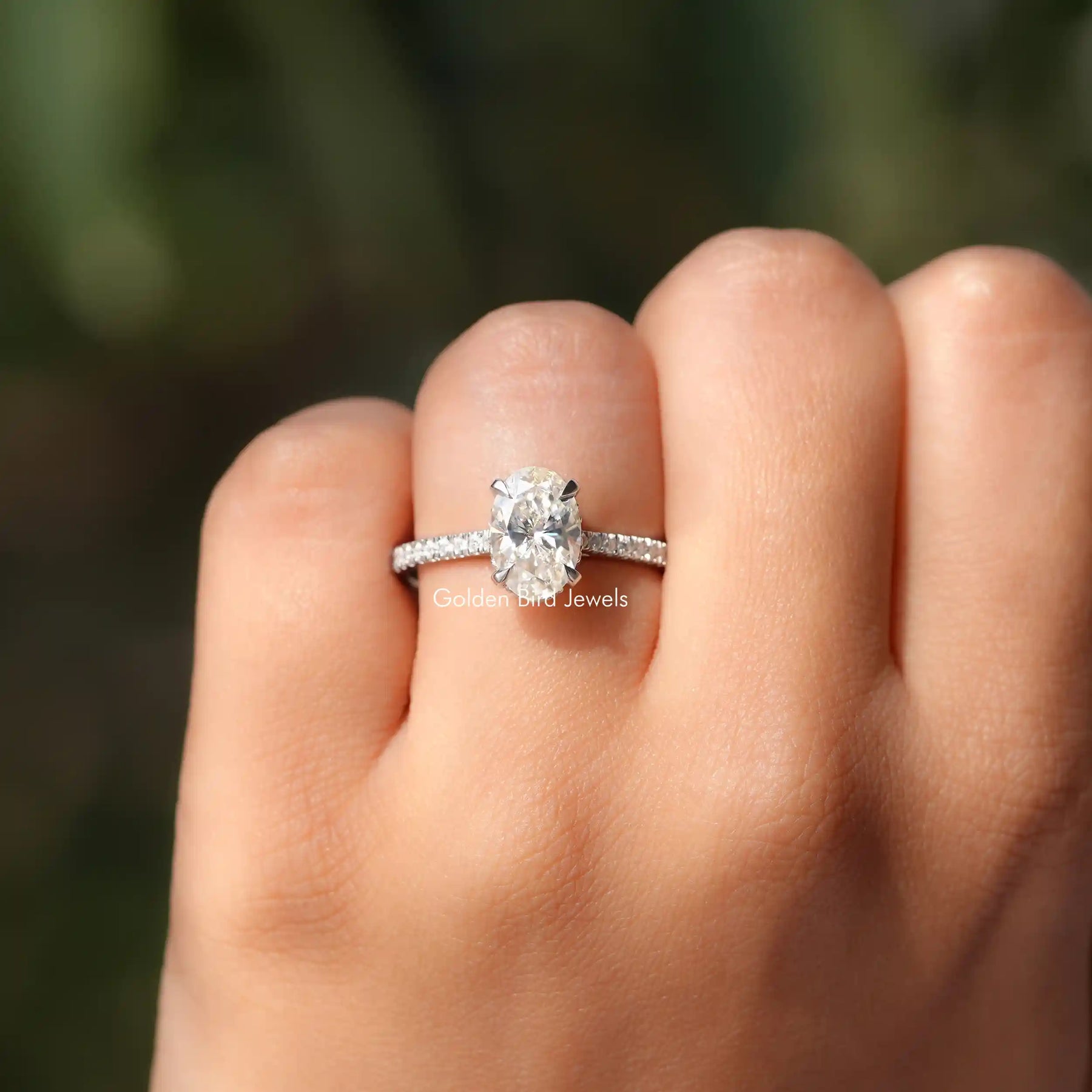 [Moissanite Oval Cut Engagement Ring In 14K White Gold]-[Golden Bird Jewels]