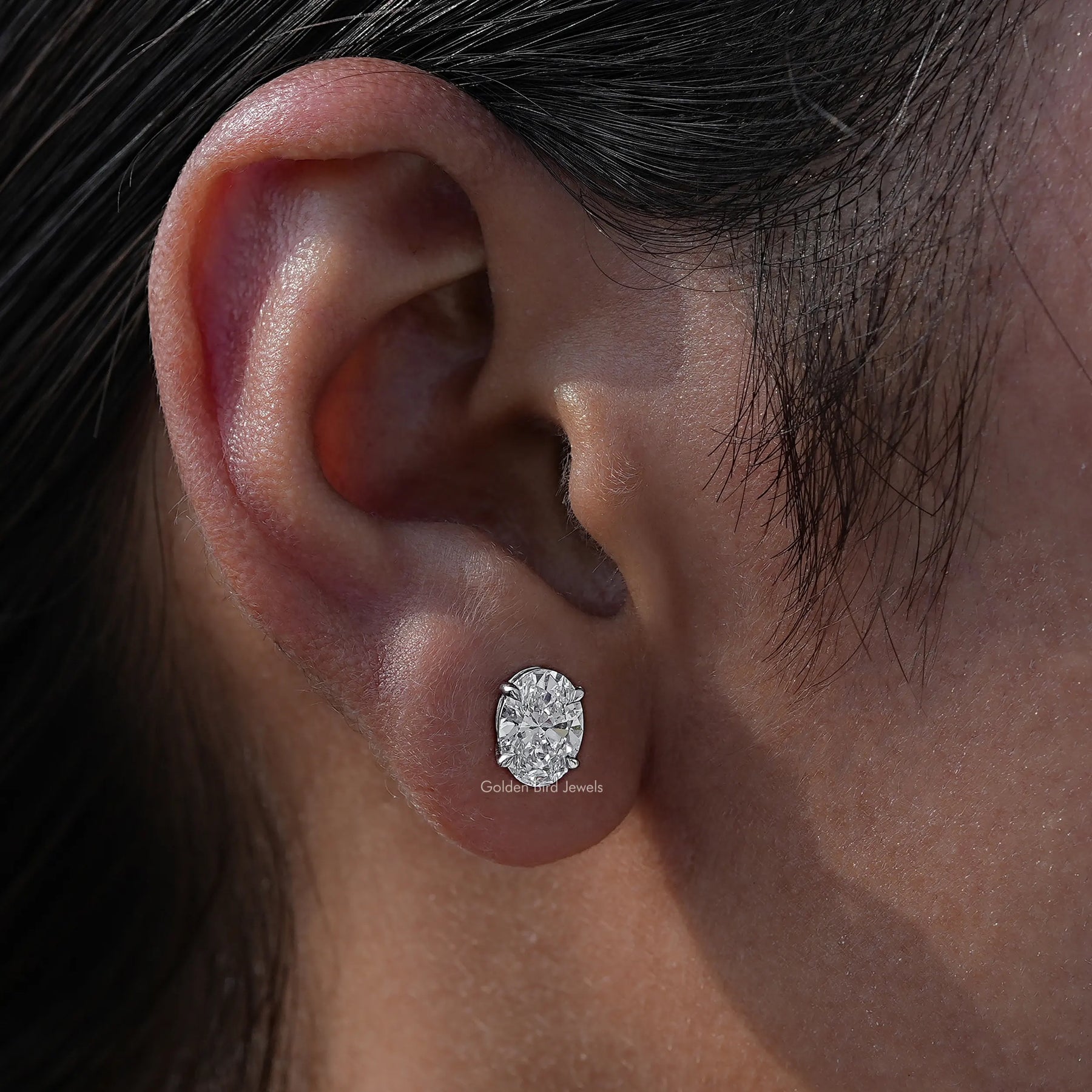 [Oval Cut Lab Grown Diamond Solitaire Stud Earrings]-[Golden Bird Jewels]