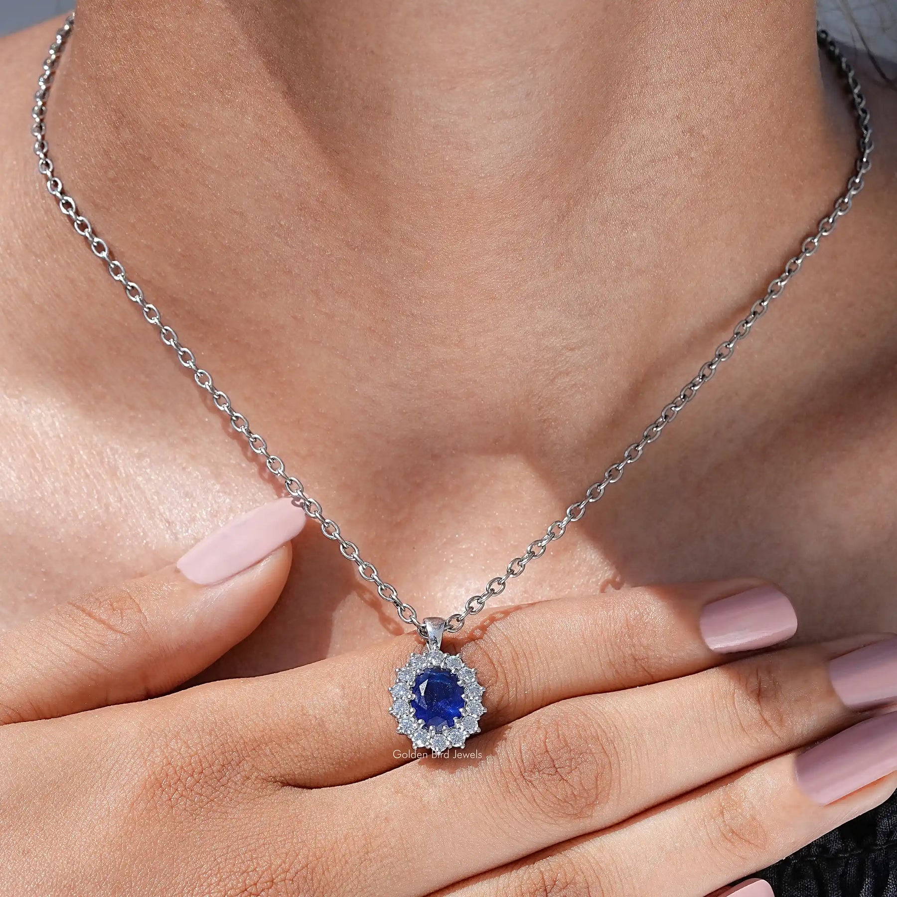 [Sapphire Blue Oval Cut Halo Pendant]-[Golden Bird Jewels]