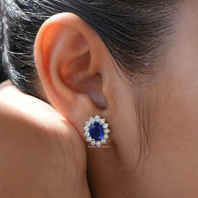 [Sapphire Blue Oval Cut Halo Stud Earrings]-[Golden Bird Jewels]