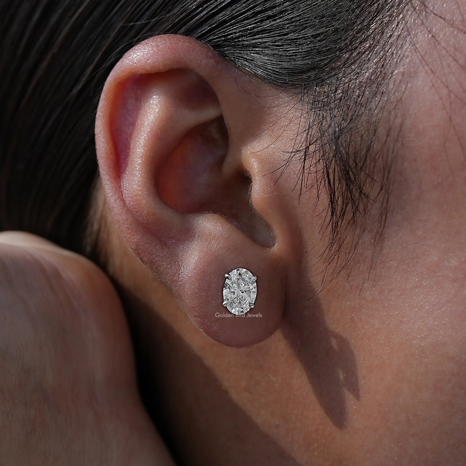 [White Gold Oval Cut Diamond Stud Earrings]-[Golden Bird Jewels]