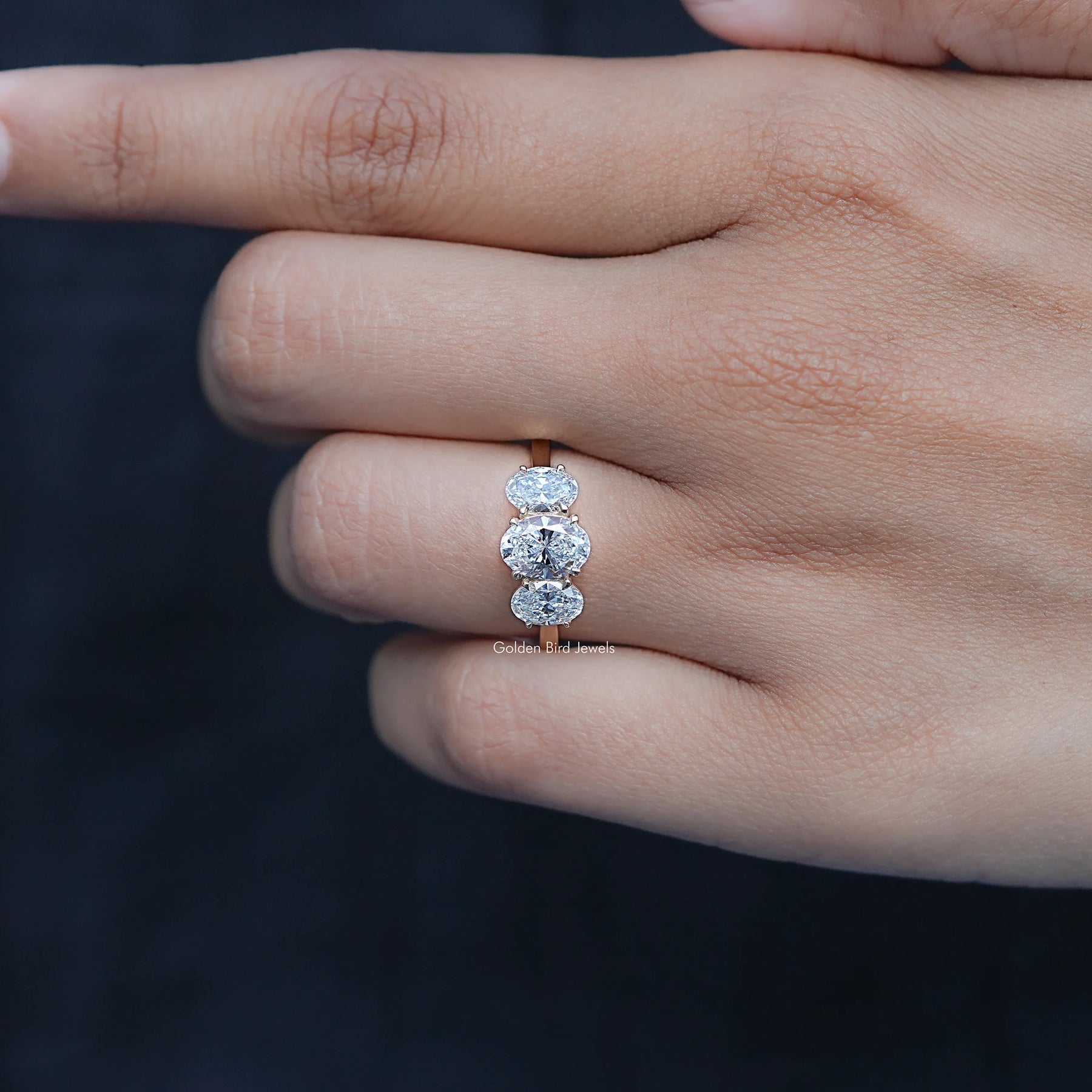 Detailed view of Oval Cut Lab Diamond Three Stone Ring