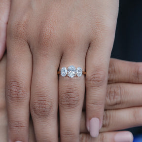 Display view of Oval Cut Lab Diamond Three Stone Engagement Ring