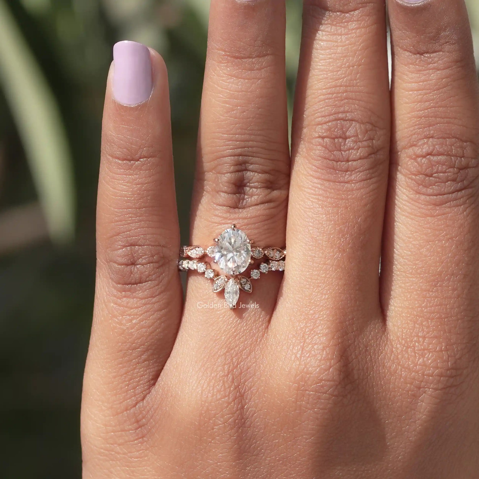 Close-Up View of Oval Cut Moissanite Bridal Ring Set In White Gold