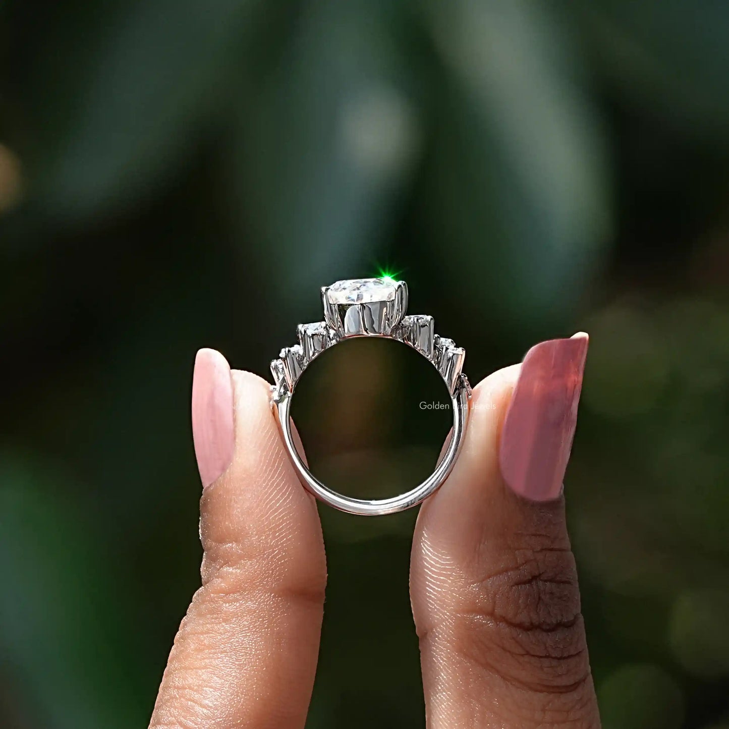 Back view of moissanite engagement  ring  in a secure setting