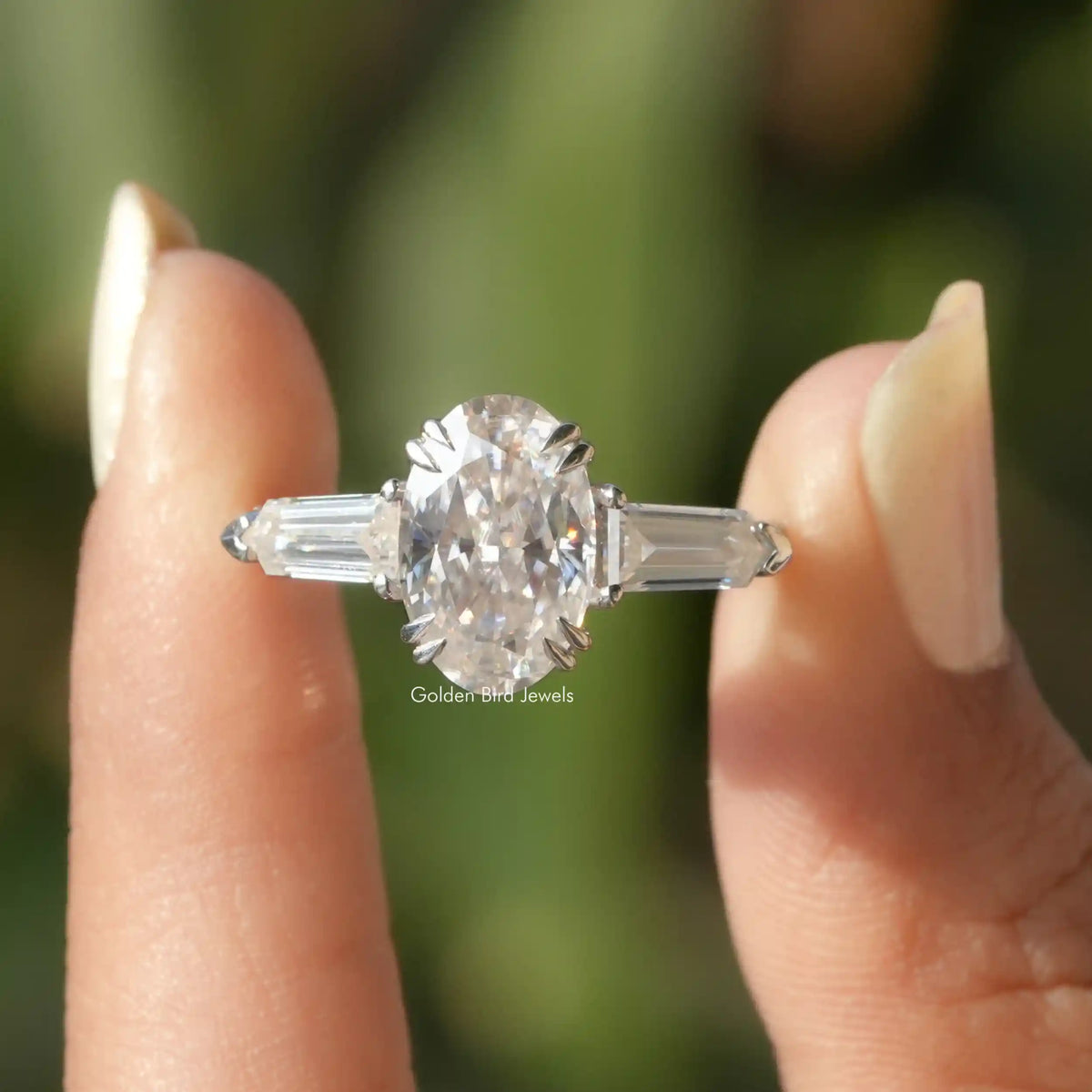 Crushed Ice Oval Moissanite Three Stone Ring