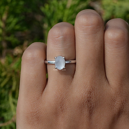 View of oval moonstone gemstone solitaire engagement ring In White Gold