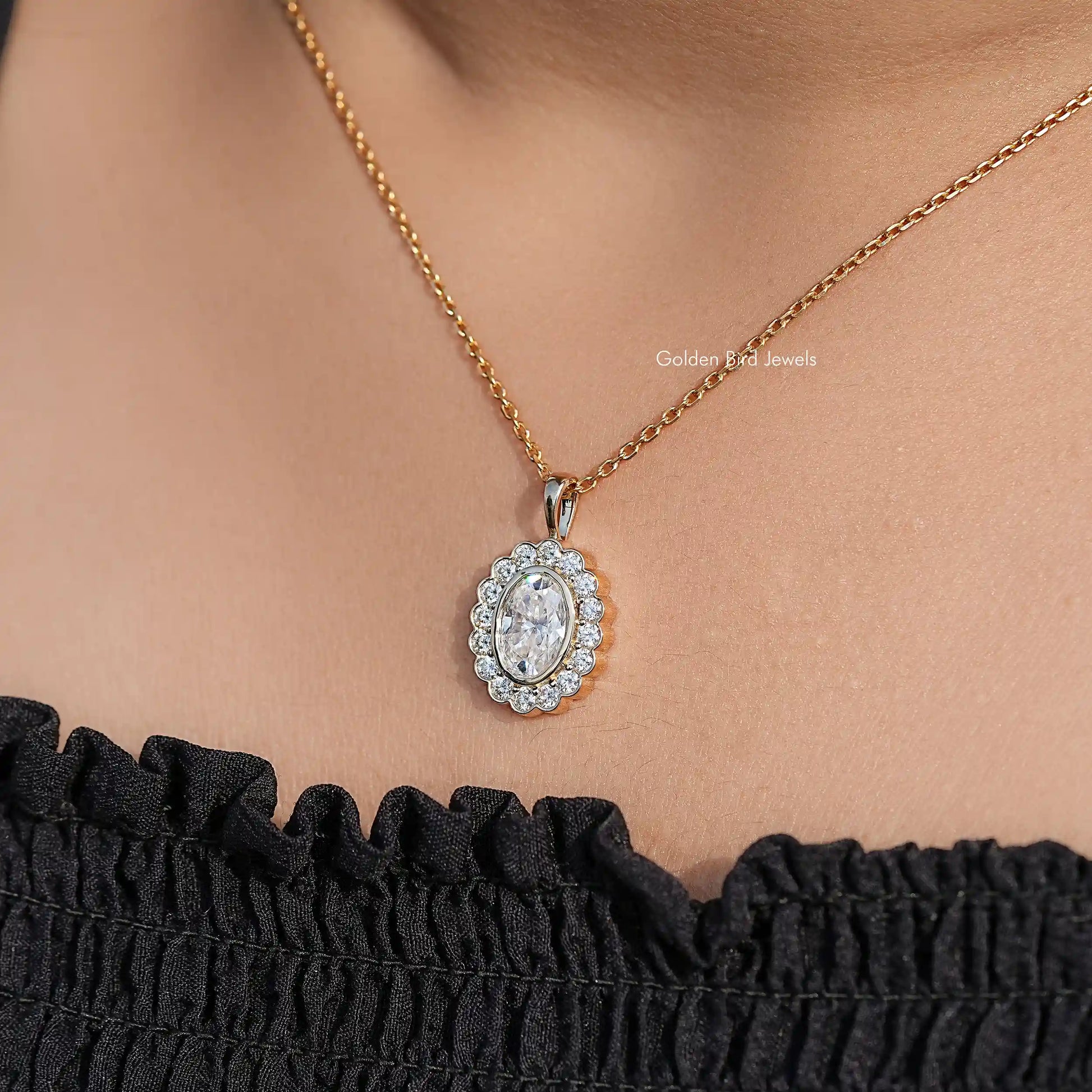 neck View of Oval Moissanite Halo Pendant 
