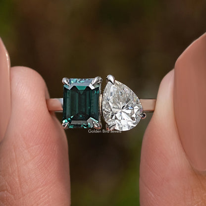 Emerald And Pear Cut Moissanite Two Stone Ring