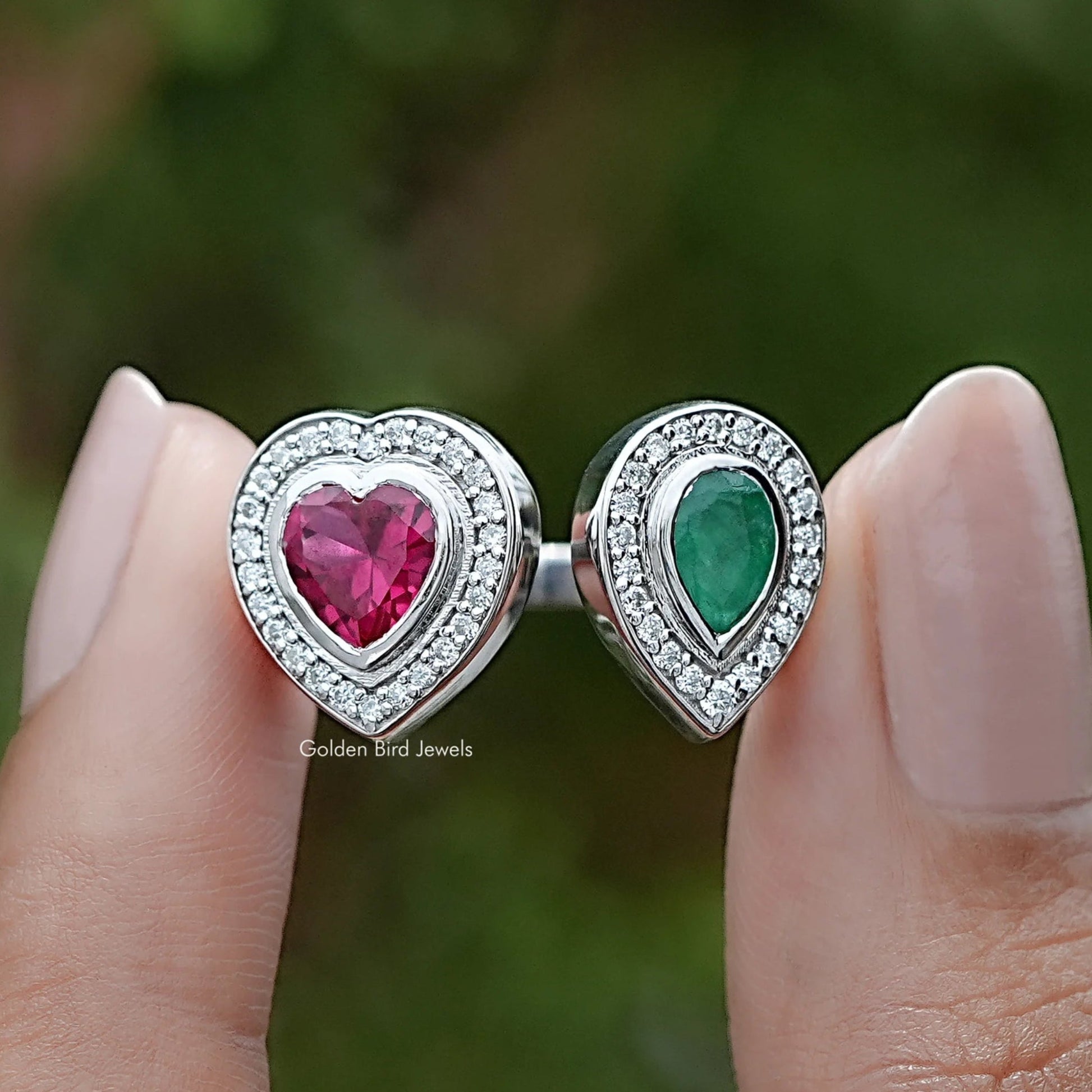 Front view of Pear And Heart Gemstone Two Stone Ring