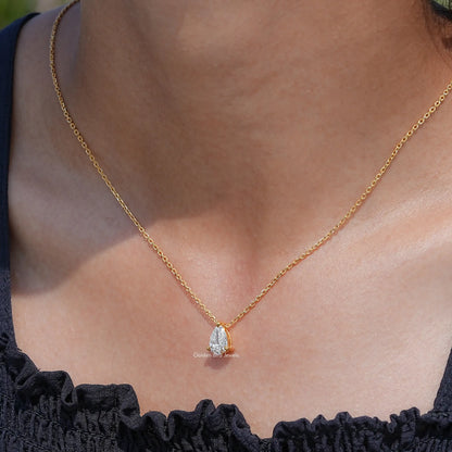 In neck view of Pear cut diamond halo pendant 