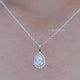 Close up view of Lab Grown Pear Cut Halo Pendant In White Gold