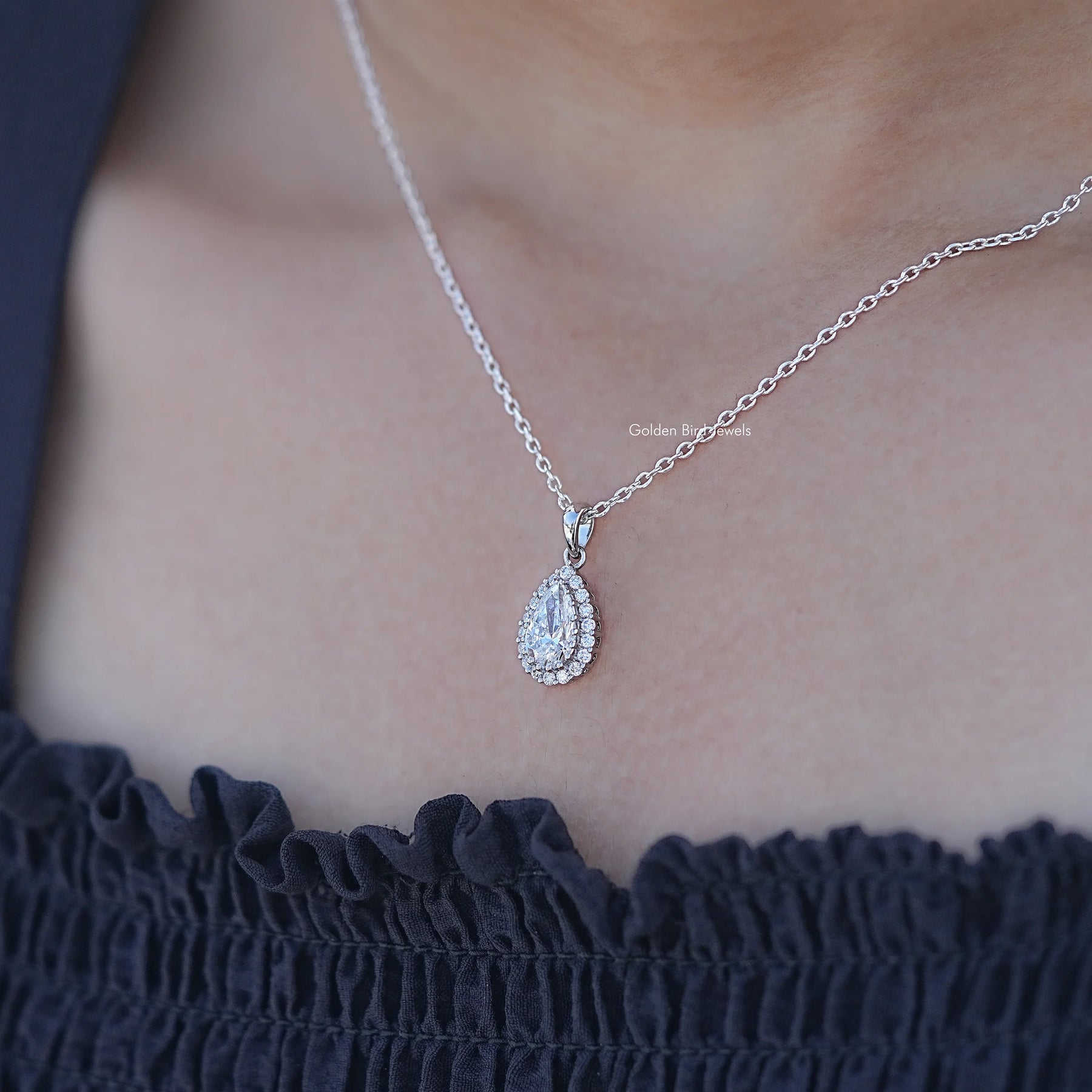 In Neck View of Pear Cut Lab Grown Diamond Halo Pendant