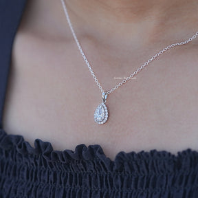 In Neck View of Pear Cut Lab Grown Diamond Halo Pendant