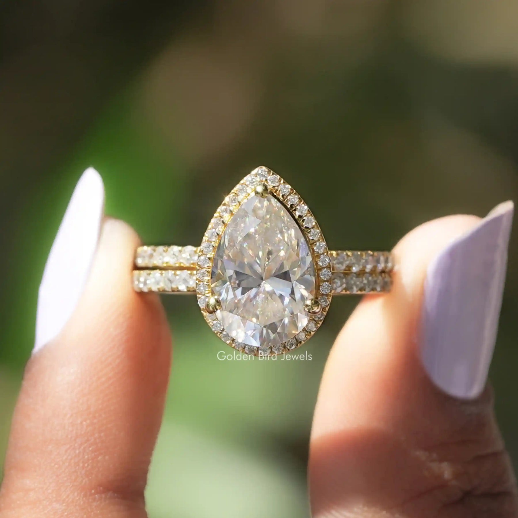 [Pear Cut Moissanite Ring With Halo Setting]-[Golden Bird Jewels]