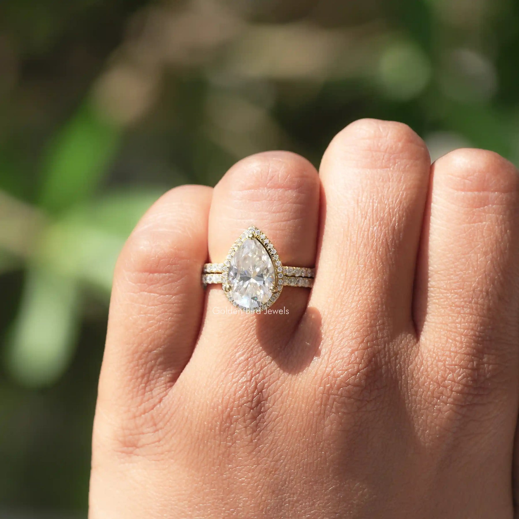 [Pear Halo Moissanite Ring]-[Golden Bird Jewels]