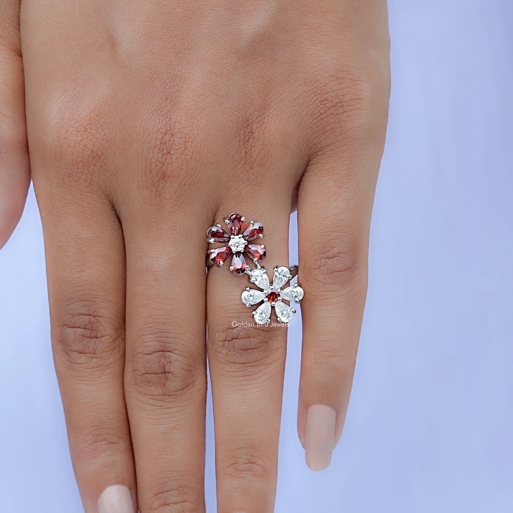 Pear Gemstone Flower Shape Cluster Bypass Ring