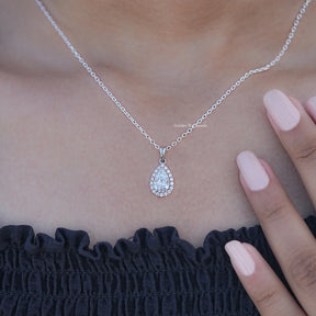 Detailed View of Pear Cut Lab Diamond Halo Necklace