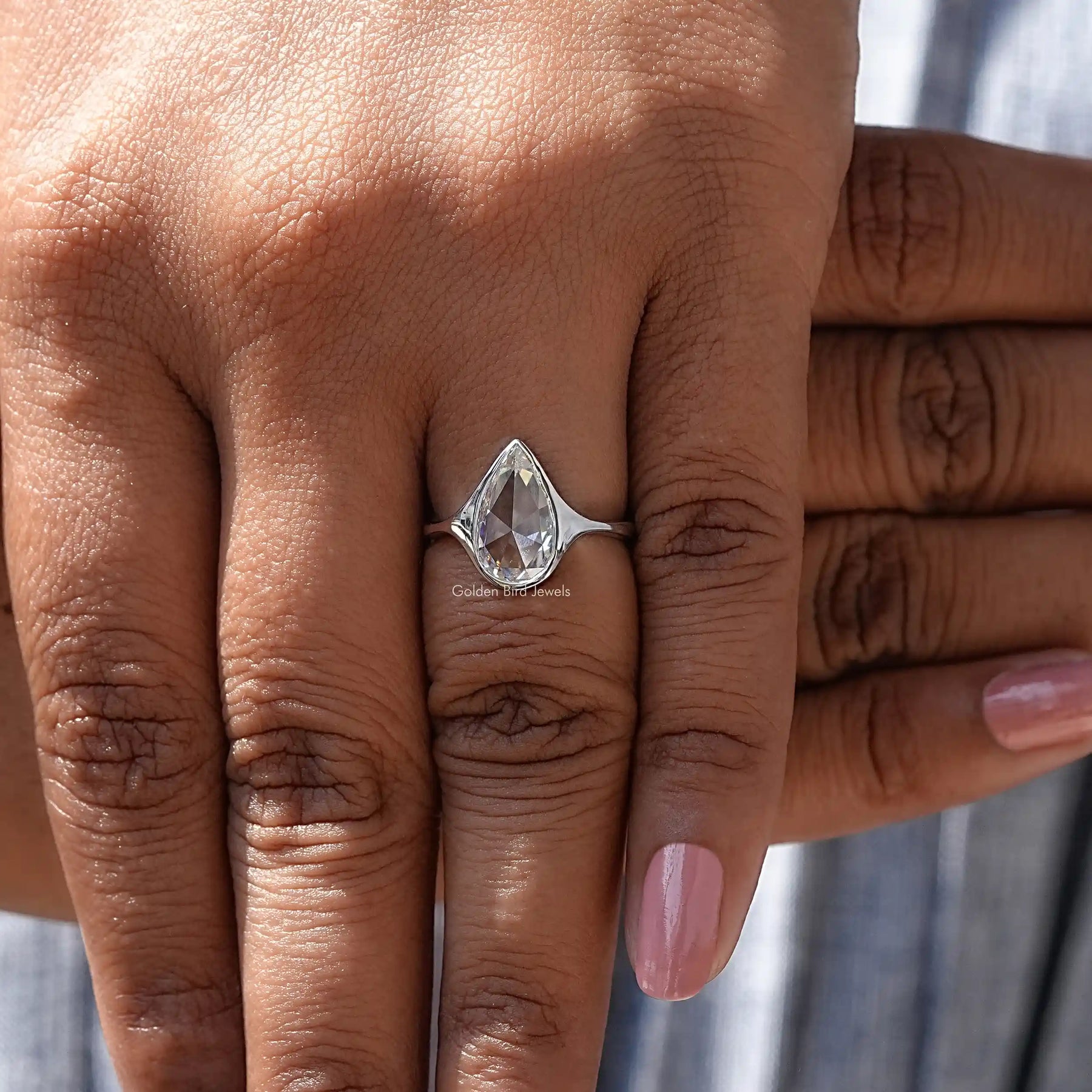 [Pear Cut Bezel Set Moissanite Ring In White Gold]-[Golden Bird Jewels]