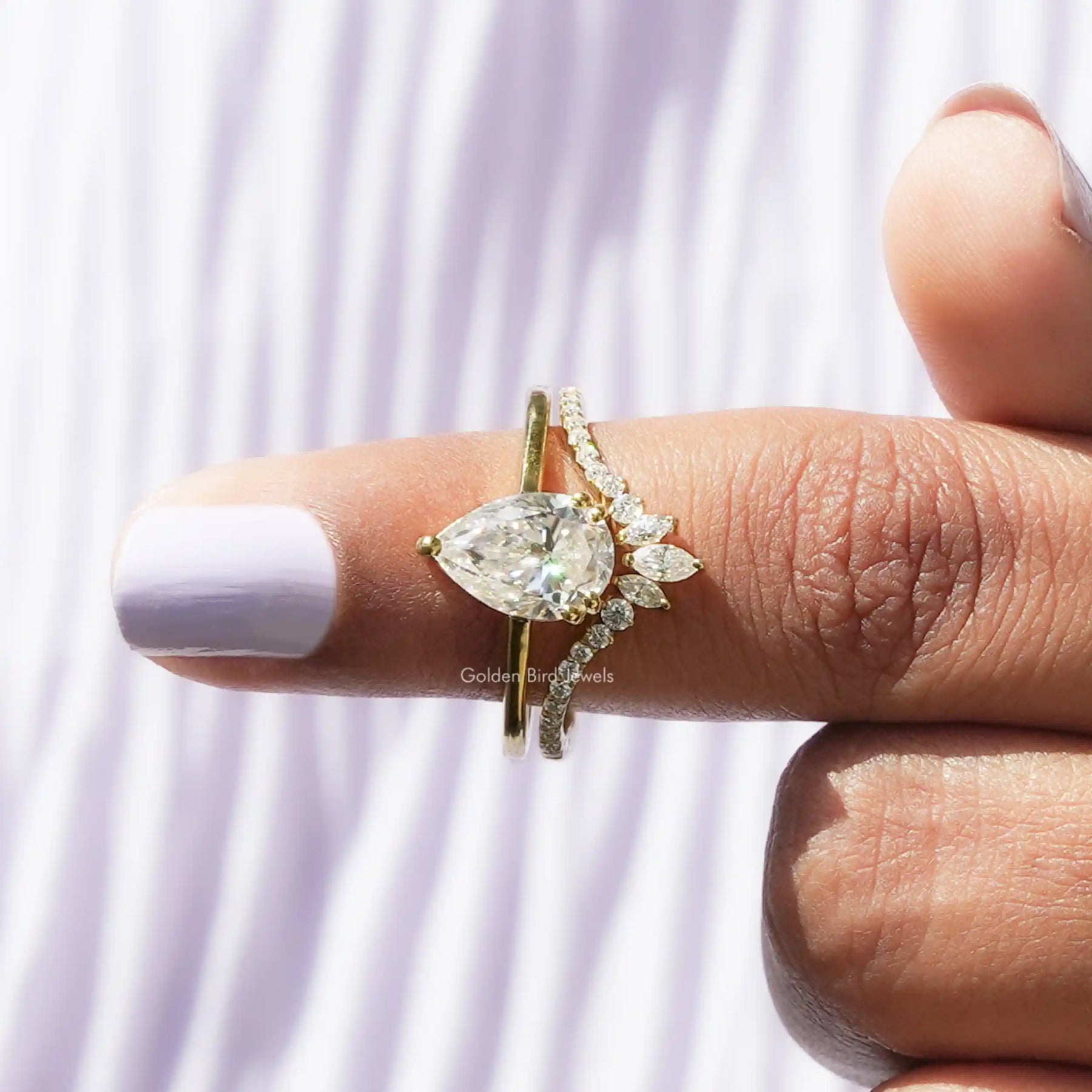 [Pear Shaped Moissanite Bridal Ring Set]-[Golden Bird Jewels]