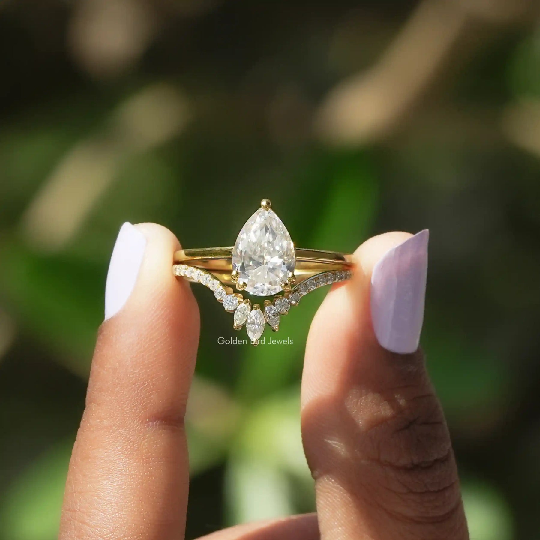 [Moissanite Pear Cut Bridal Rig Set]-[Golden Bird Jewels]