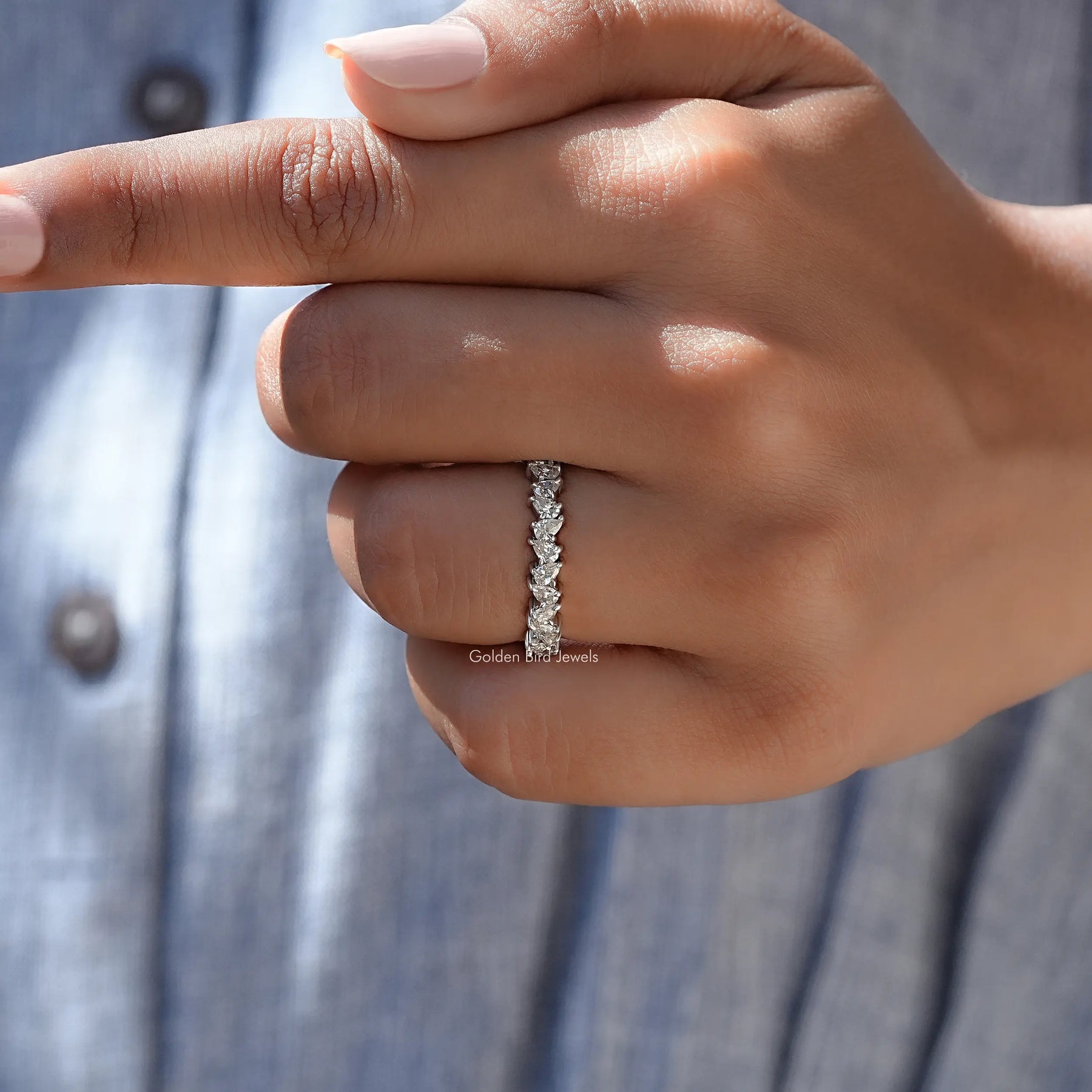 [White Gold Pear Cut Moissanite Eternity Band]-[Golden Bird Jewels]