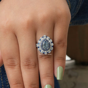 [Moissanite Blue Pear Halo Ring]-[Golden Bird Jewels]