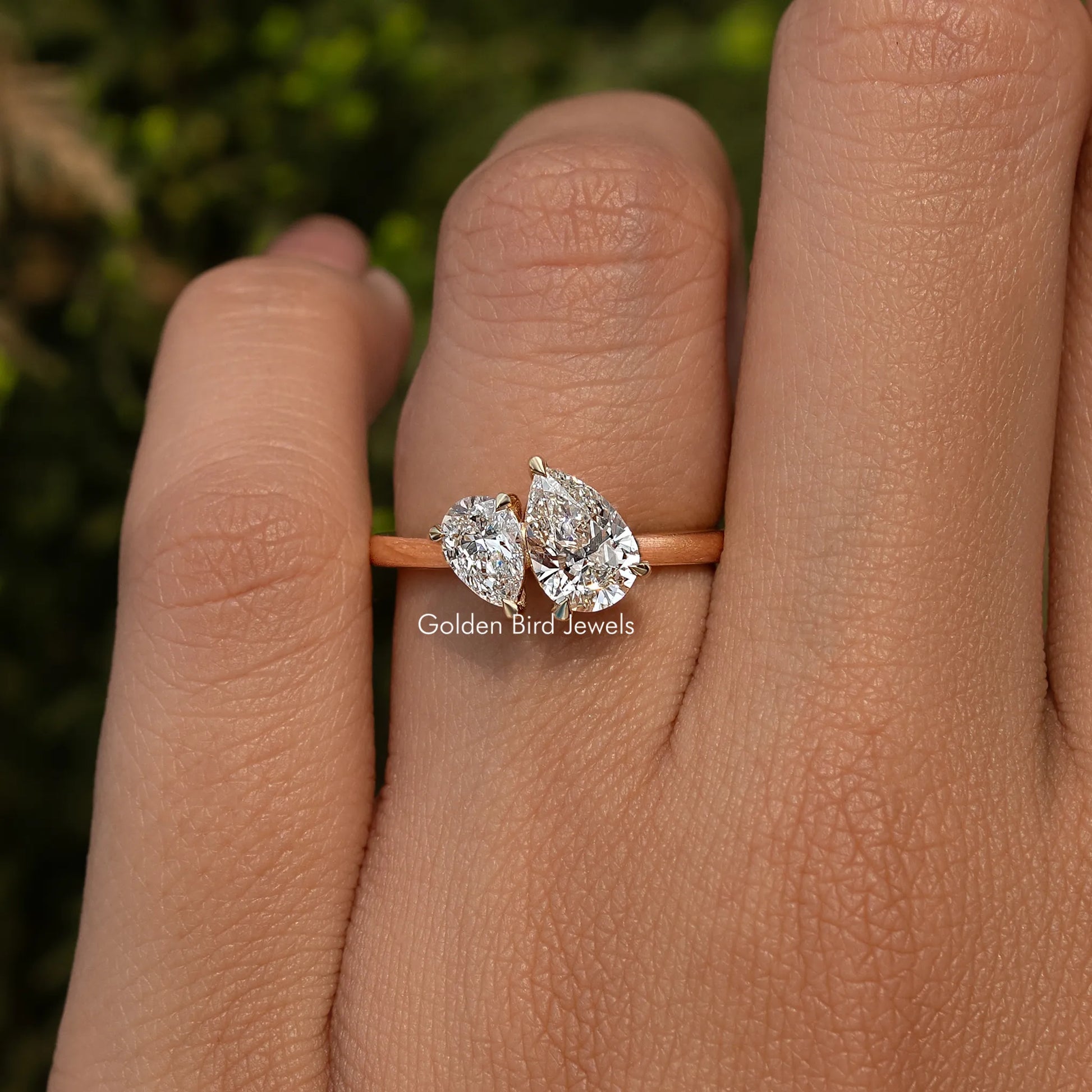 In finger front view of Lab Diamond Two Stone Ring 
