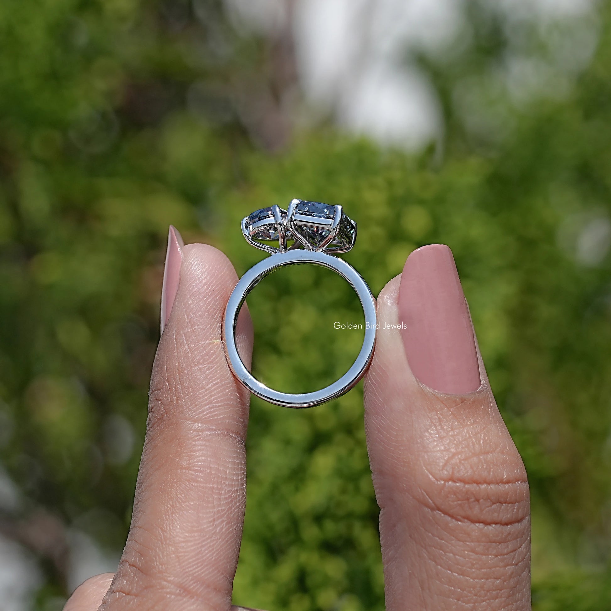 Back View Of Pear and Radiant Cut Toi Et Moi Ring