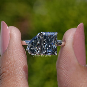 Front View of Pear and Radiant Cut Toi Et Moi Moissanite Ring