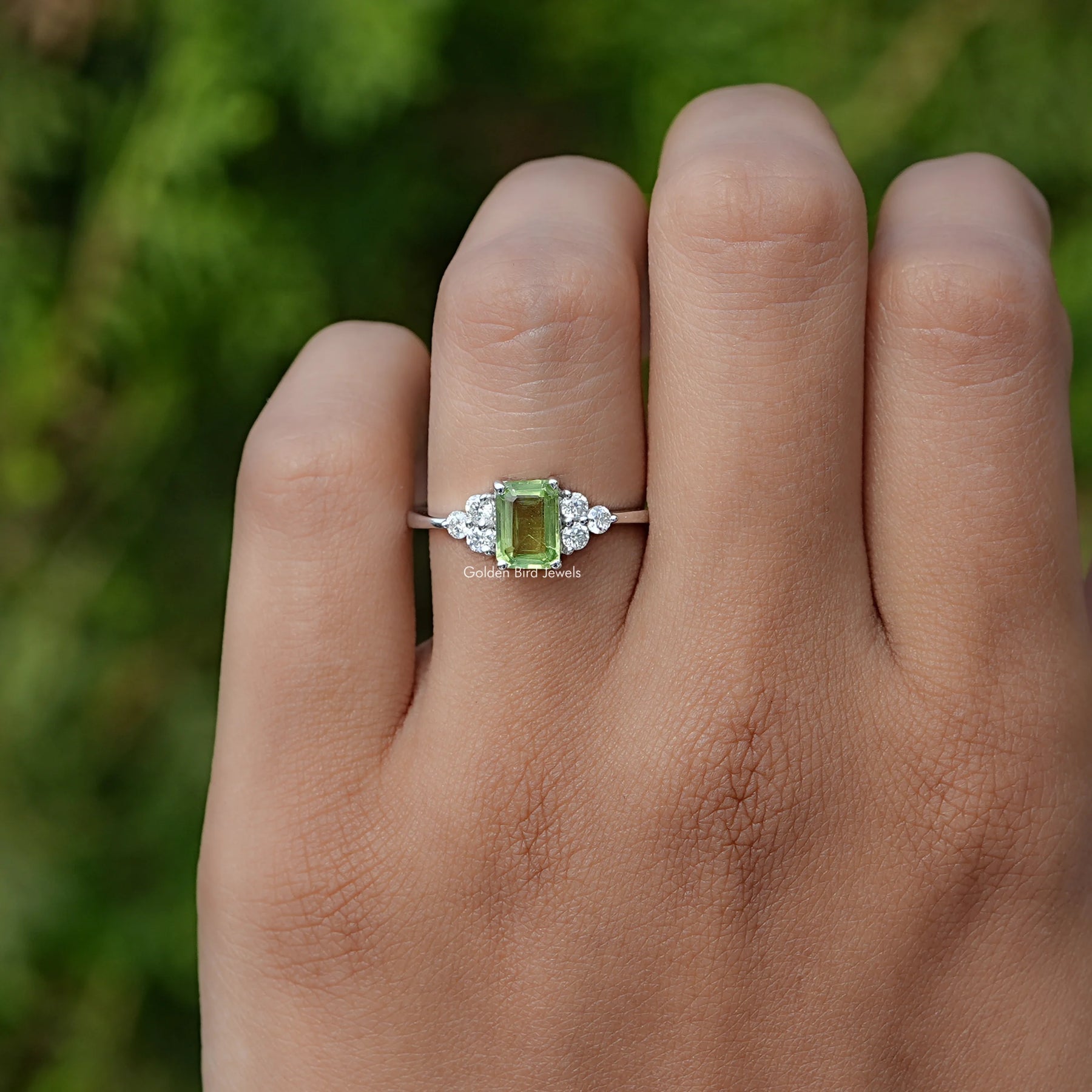 Peridot Green Emerald Gemstone Accent Ring In White Gold