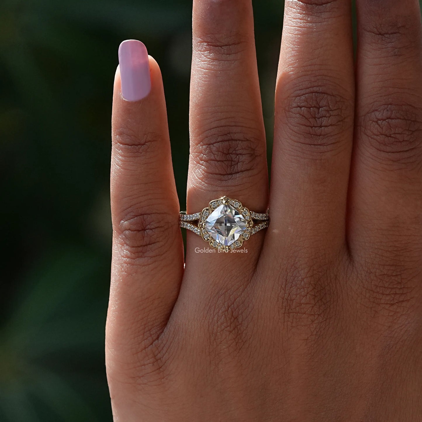 View of Split Shank Peruzzi Cut Moissanite Ring In finger