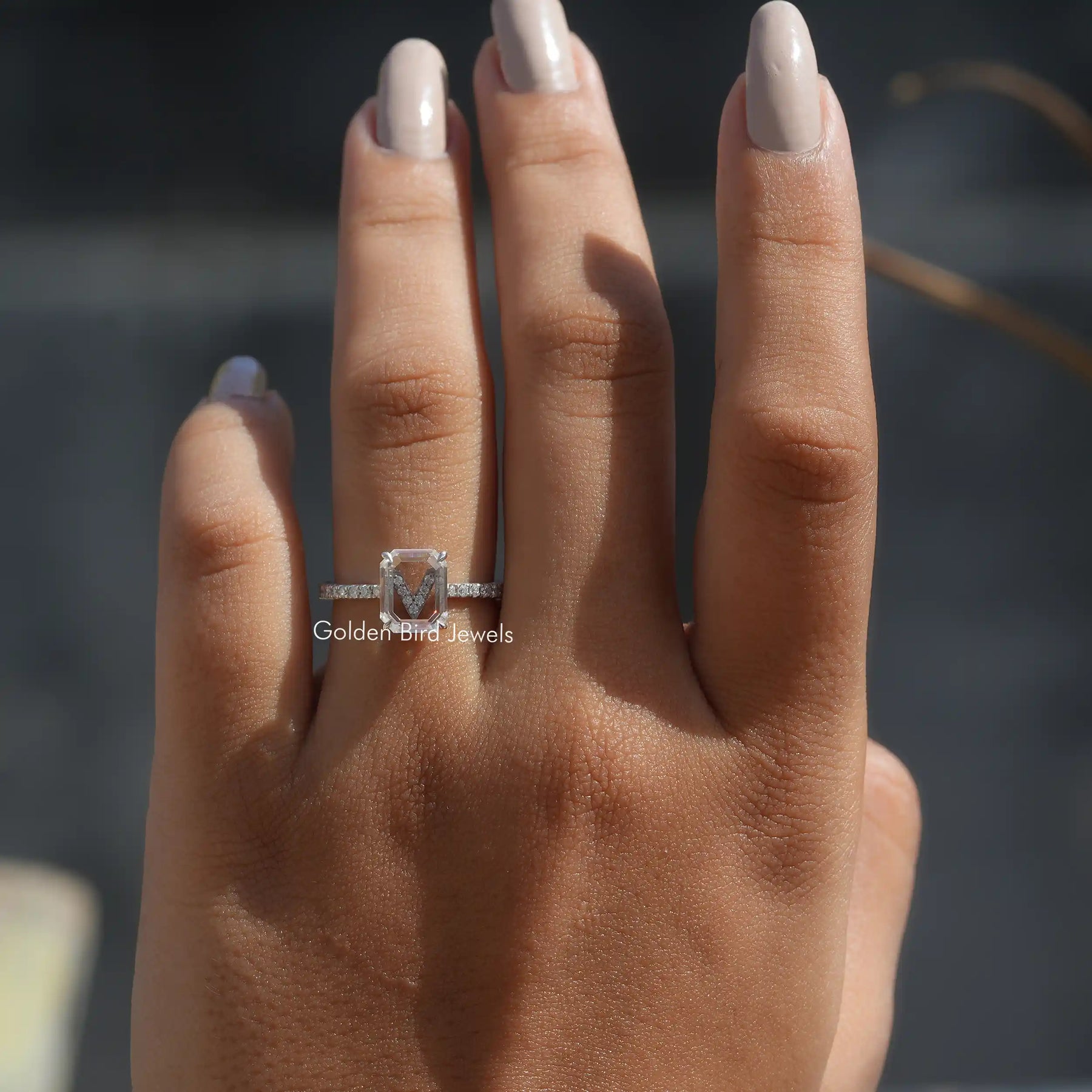 [White Gold Emerald Cut Ring]-[Golden Bird Jewels]